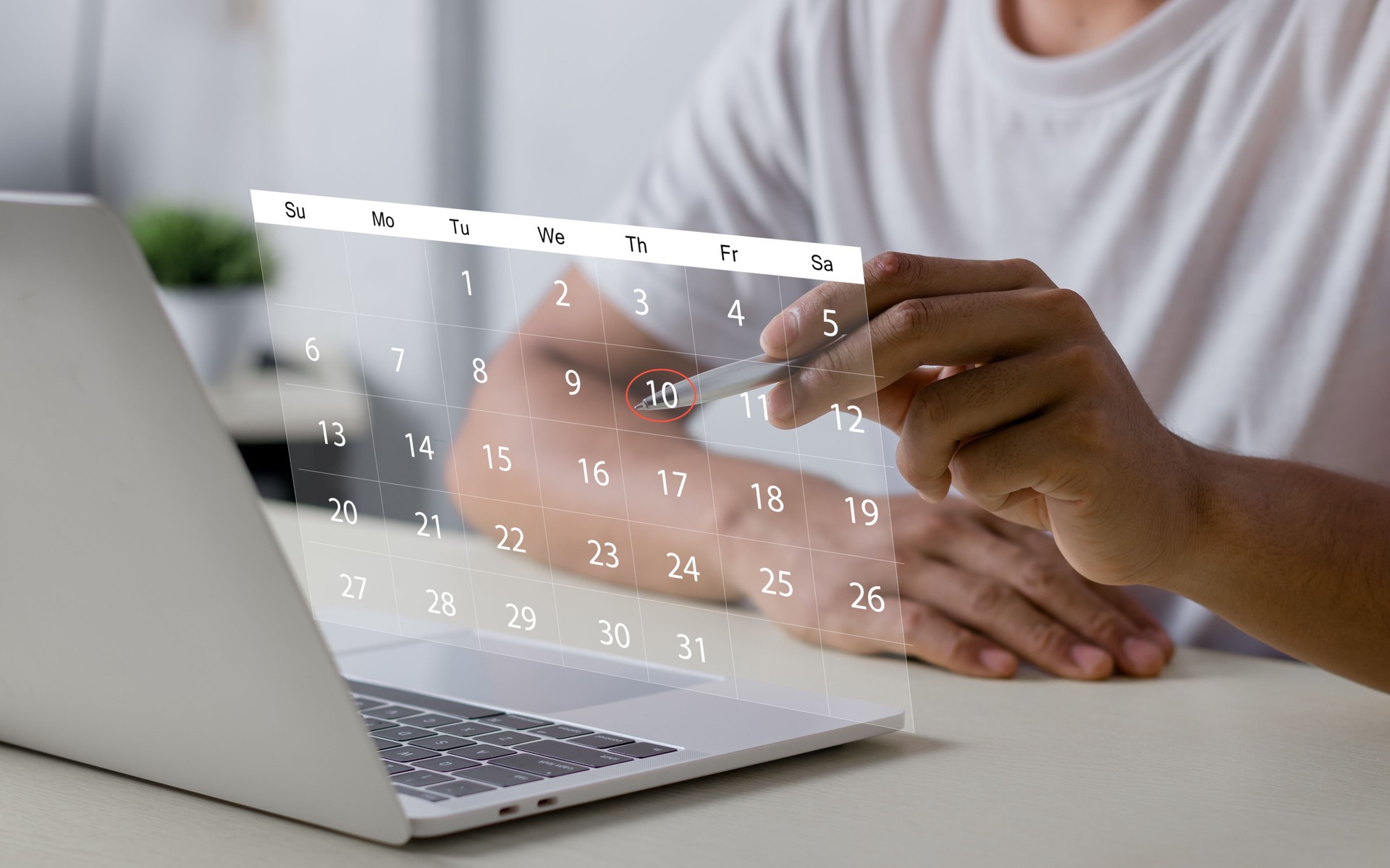 Businessperson or secretary manages time for effective work. Calendar on the virtual screen interface. Highlight appointment reminders and meeting agenda on the calendar. Time management concept.